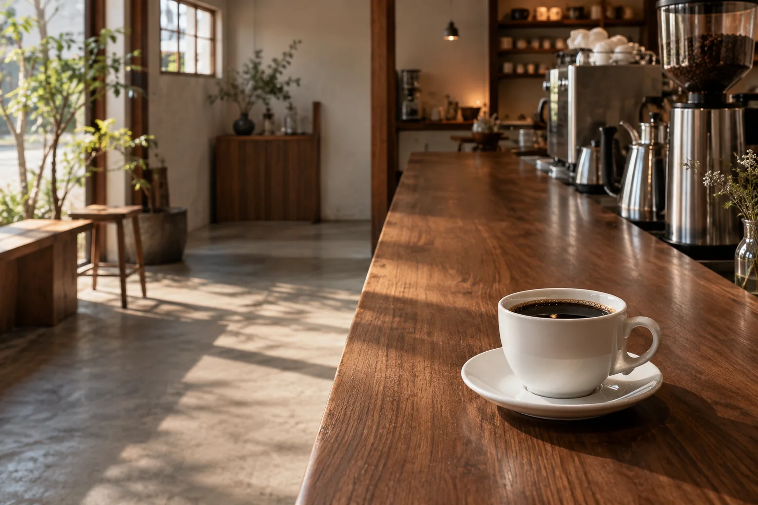 木のカウンターにコーヒーが置かれた、架空のカフェのイメージ